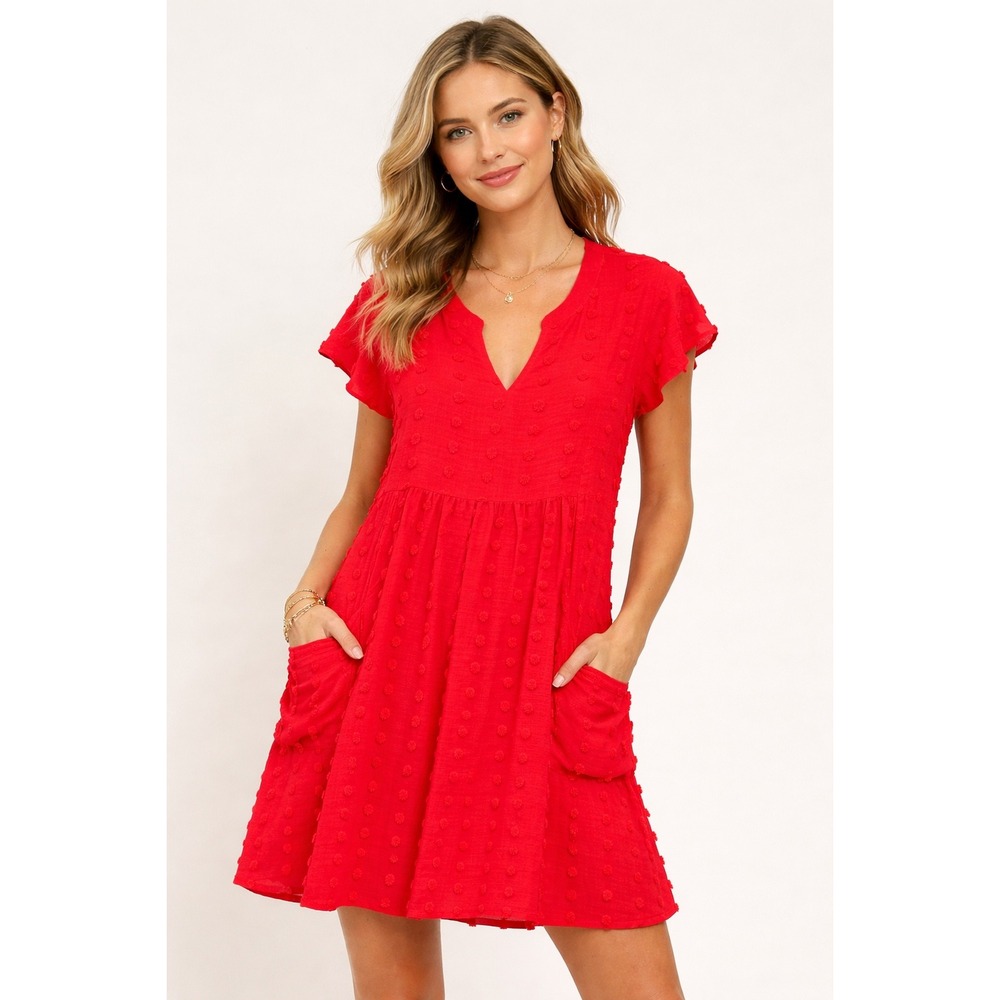 Jodifl Red Swiss Dot Babydoll Dress Womens Large Short Flutter Sleeve Pockets